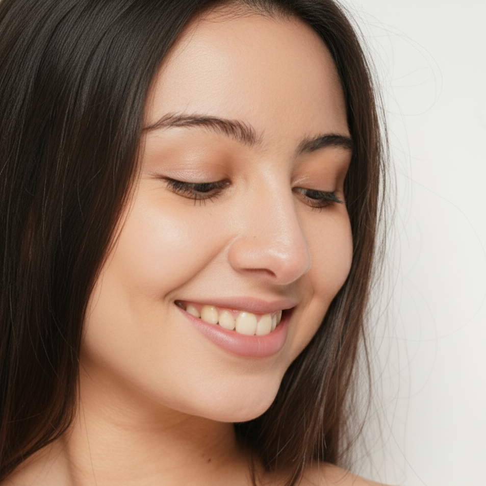 Close-up of a woman with a soft smile on a white background