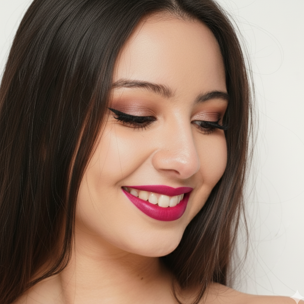 Close-up of a woman with dark hair and pink lipstick on a white background
