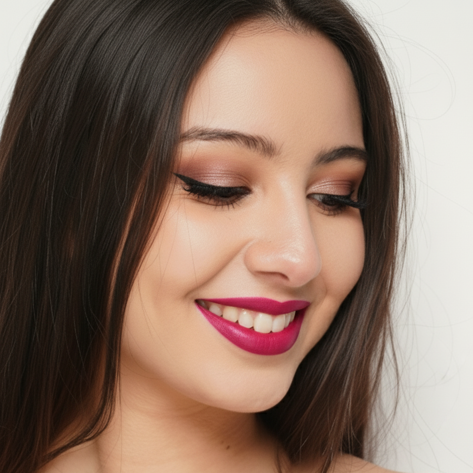 Close-up of a woman with dark hair and pink lipstick on a white background
