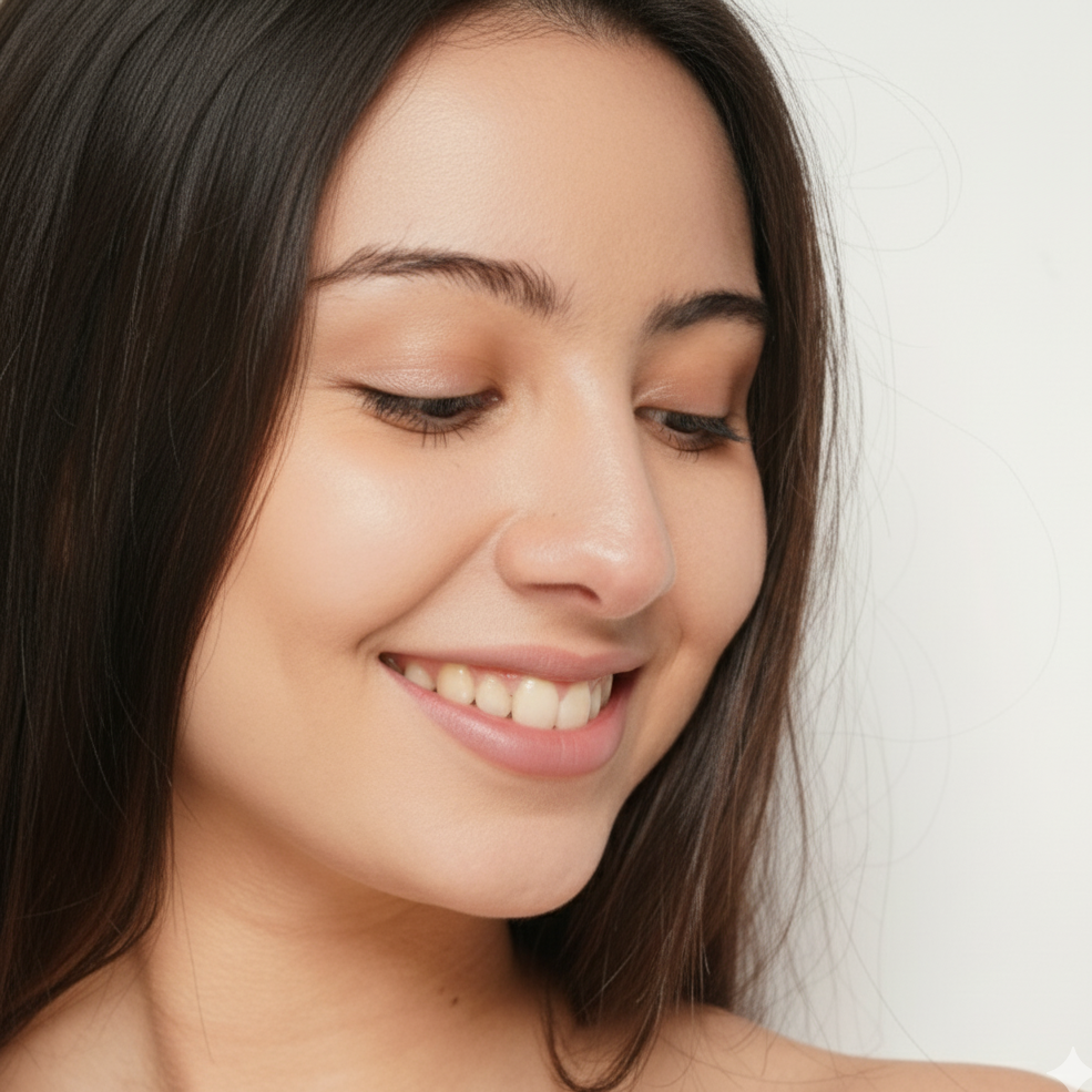 Close-up of a woman with a soft smile on a white background